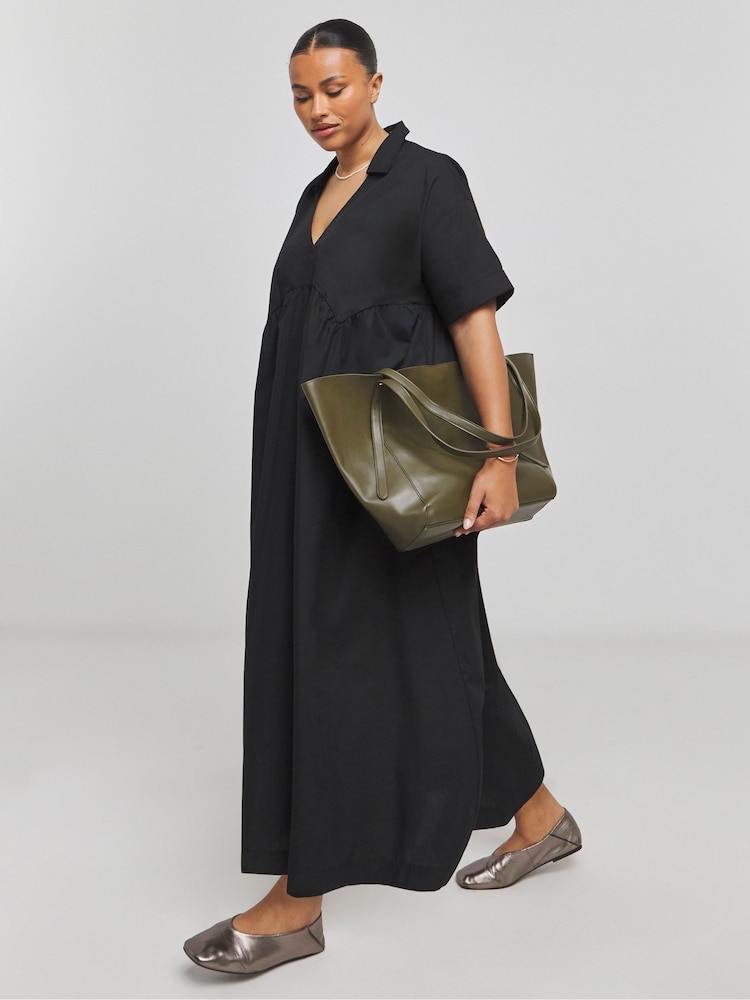 Simply Be Black Cotton Collared Midaxi Dress - Image 1 of 4 Simply Be Black Cotton Collared Midaxi Dress - Image 1 of 4