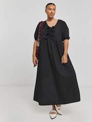 Simply Be Black Print Bow Front Midi Dress With Pockets - Image 1 of 4