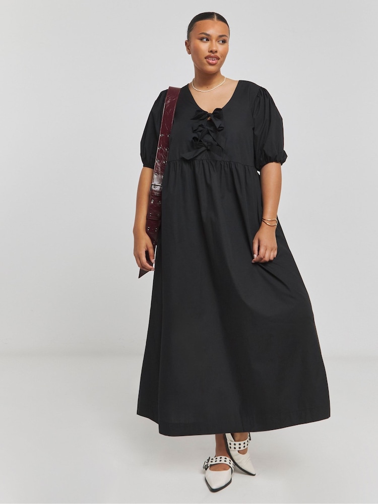 Simply Be Black Print Bow Front Midi Dress With Pockets - Image 1 of 4