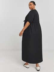 Simply Be Black Print Bow Front Midi Dress With Pockets - Image 2 of 4