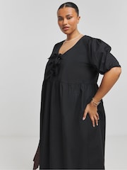 Simply Be Black Print Bow Front Midi Dress With Pockets - Image 3 of 4