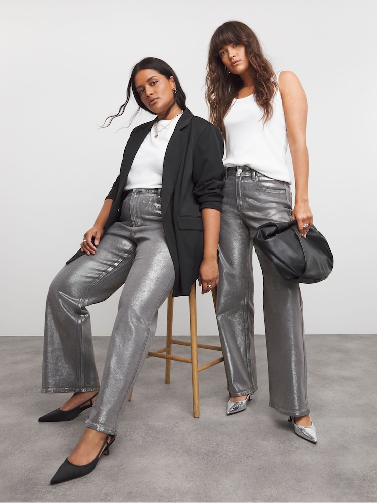 Simply Be Silver Metallic Coated Straight Leg Jeans - Image 1 of 4
