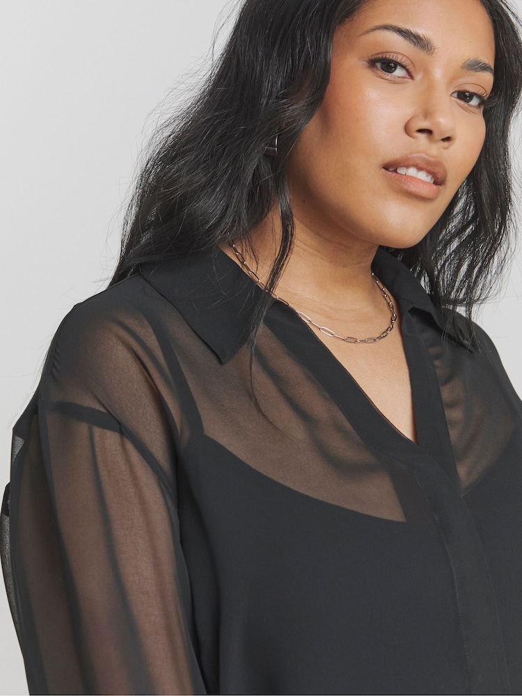 Simply Be Black V-Neck Sheer Shirt - Image 4 of 4