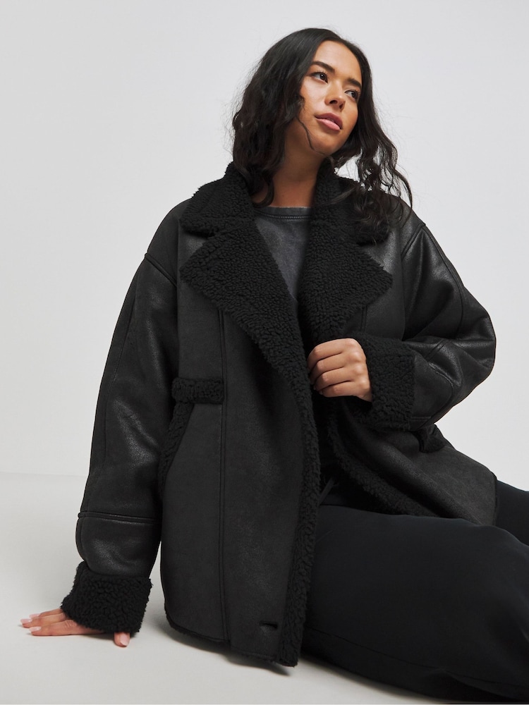 Simply Be Black Worn Look Aviator Coats - Image 1 of 4