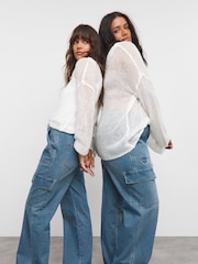 Simply Be Blue Mid Wash Straight Leg Cargo Jeans - Image 1 of 4