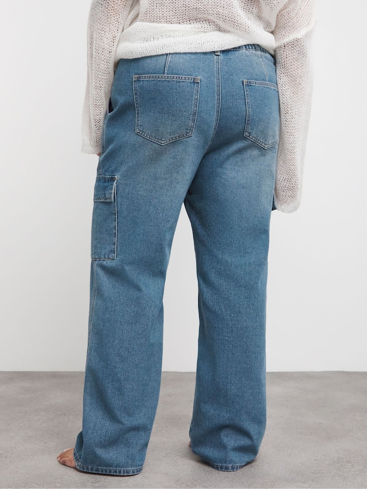 Simply Be Blue Mid Wash Straight Leg Cargo Jeans - Image 2 of 4