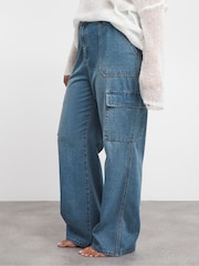Simply Be Blue Mid Wash Straight Leg Cargo Jeans - Image 4 of 4