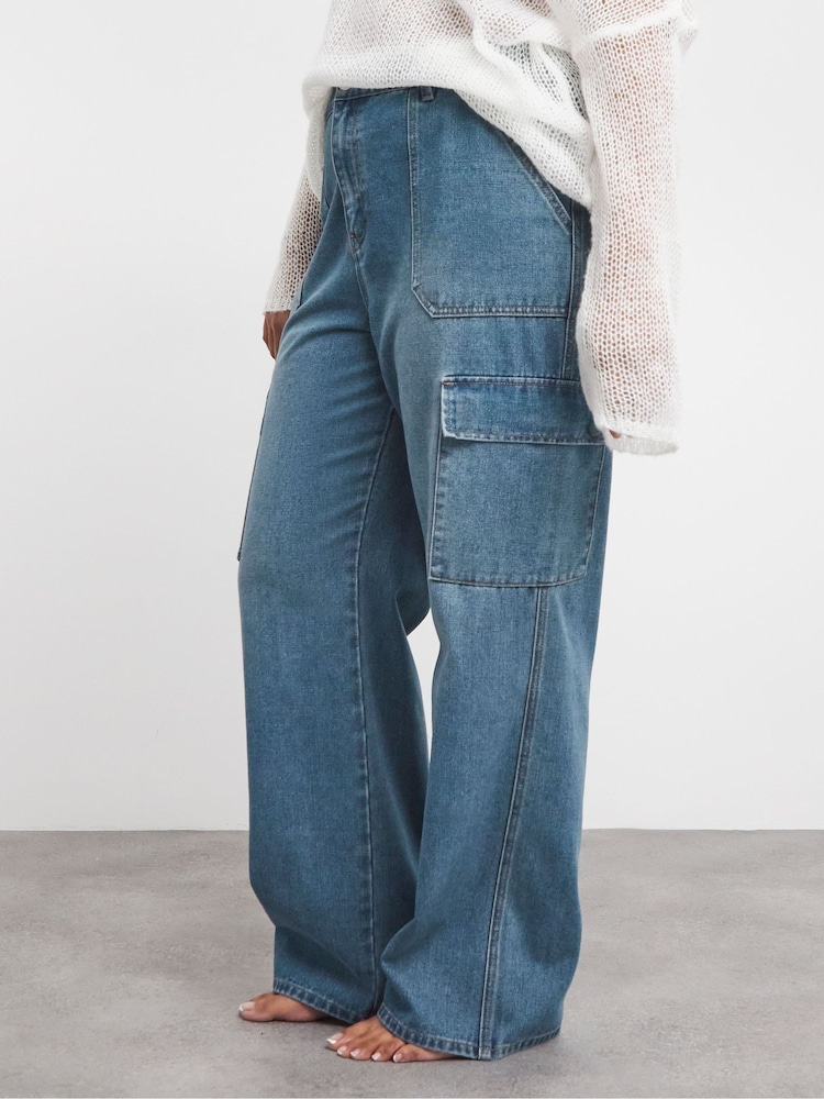 Simply Be Blue Mid Wash Straight Leg Cargo Jeans - Image 4 of 4