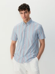 Petrol Blue/Red Short Sleeve With Button Down Collar Stripe Easy Iron Oxford Shirt - Image 1 of 6