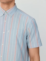 Petrol Blue/Red Short Sleeve With Button Down Collar Stripe Easy Iron Oxford Shirt - Image 3 of 6