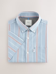 Petrol Blue/Red Short Sleeve With Button Down Collar Stripe Easy Iron Oxford Shirt - Image 4 of 6