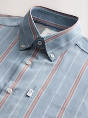 Petrol Blue/Red Short Sleeve With Button Down Collar Stripe Easy Iron Oxford Shirt - Image 5 of 6