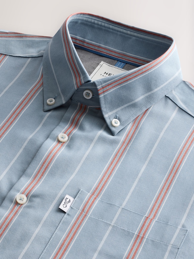 Petrol Blue/Red Short Sleeve With Button Down Collar Stripe Easy Iron Oxford Shirt - Image 5 of 6