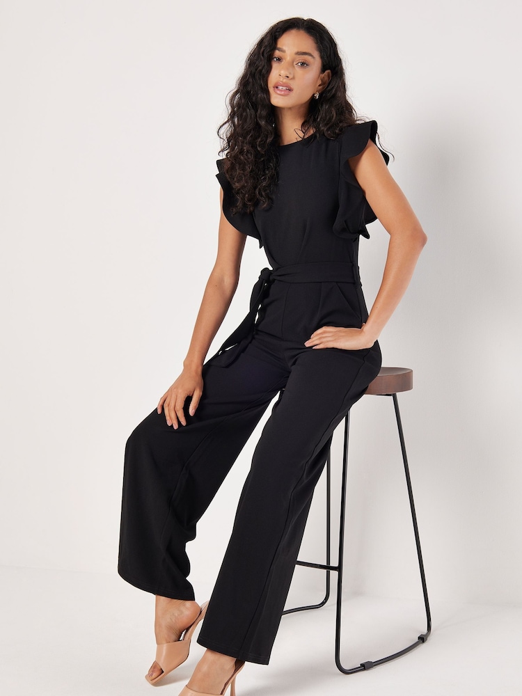 Apricot Black Ruffle Sleeve Pleat Detail Jumpsuit - Image 1 of 4