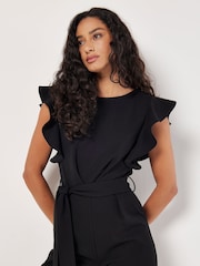 Apricot Black Ruffle Sleeve Pleat Detail Jumpsuit - Image 3 of 4