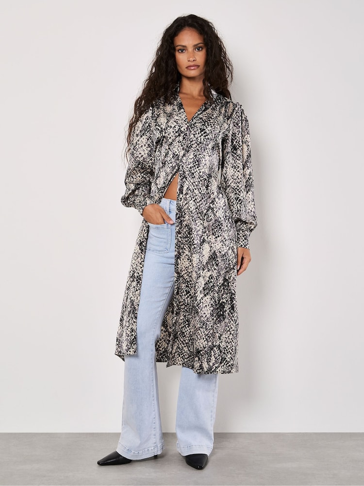 Apricot Grey Snakeskin Open Collar Shirt Dress - Image 1 of 5