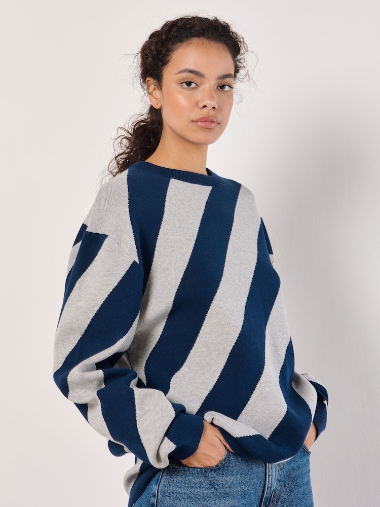 Apricot Blue Oversize Diagonal Striped Jumper - Image 1 of 4 Apricot Blue Oversize Diagonal Striped Jumper - Image 1 of 4