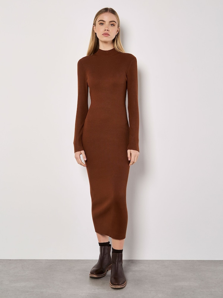 Apricot Brown 100% Cotton Ribbed Knitted Split Midi Dress - Image 2 of 4 Apricot Brown 100% Cotton Ribbed Knitted Split Midi Dress - Image 2 of 4