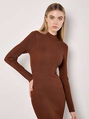 Apricot Brown 100% Cotton Ribbed Knitted Split Midi Dress - Image 3 of 4