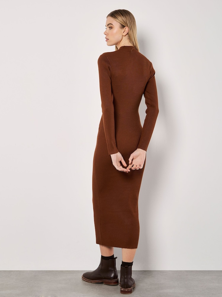 Apricot Brown 100% Cotton Ribbed Knitted Split Midi Dress - Image 4 of 4 Apricot Brown 100% Cotton Ribbed Knitted Split Midi Dress - Image 4 of 4
