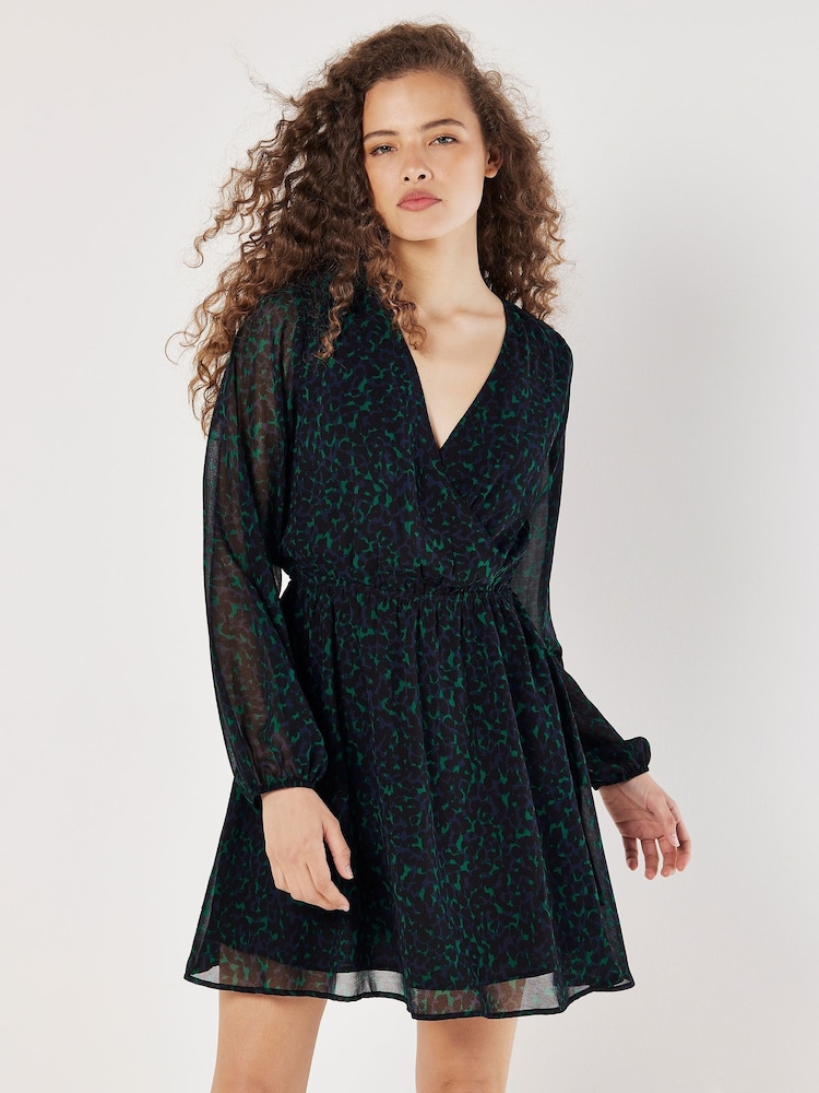Apricot Green Chiffon Animal Print Faux Wrap Dress - Image 1 of 4