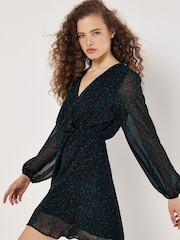 Apricot Green Chiffon Animal Print Faux Wrap Dress - Image 3 of 4