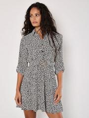 Apricot Black/white Petal Print Circle Belt Dress - Image 1 of 5