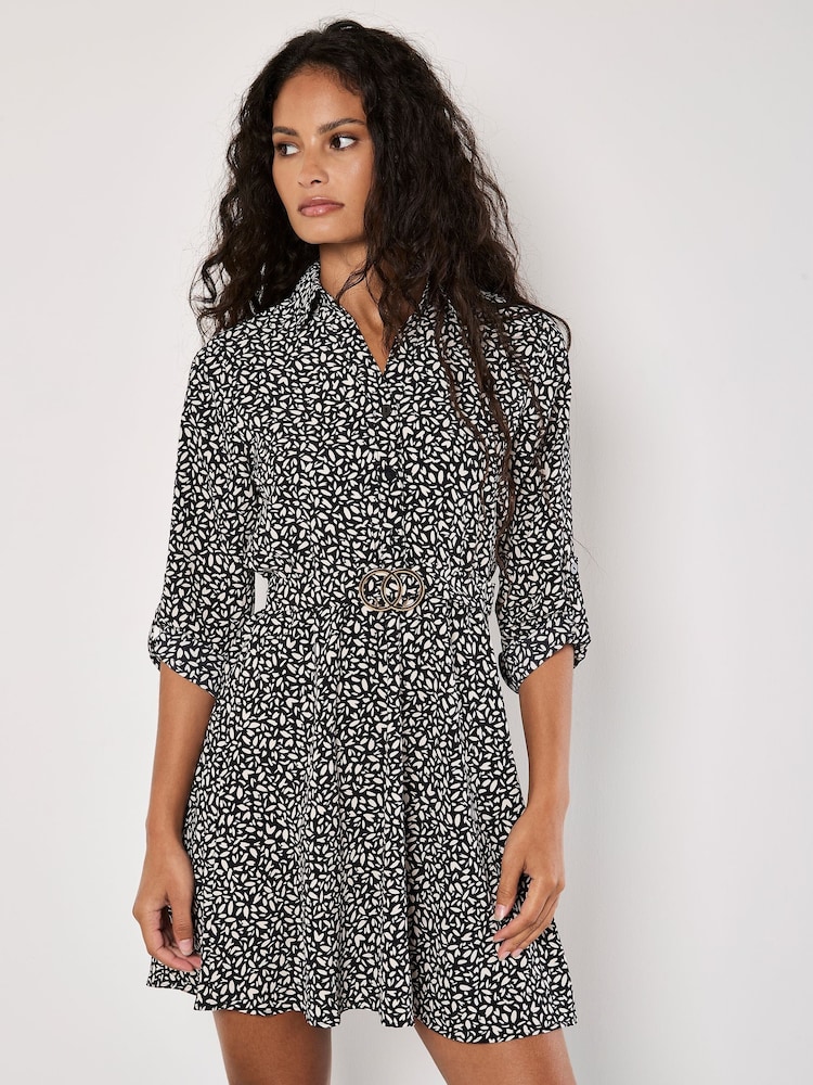Apricot Black/white Petal Print Circle Belt Dress - Image 1 of 5