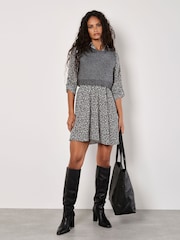 Apricot Black/white Petal Print Circle Belt Dress - Image 2 of 5