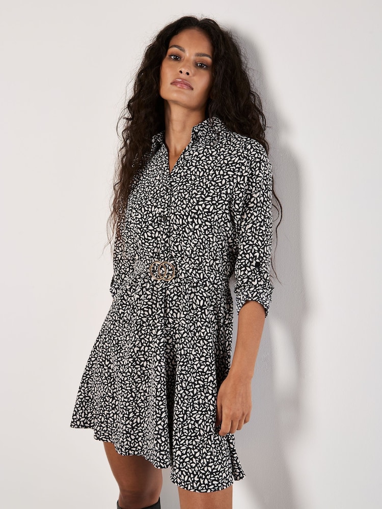 Apricot Black/white Petal Print Circle Belt Dress - Image 5 of 5