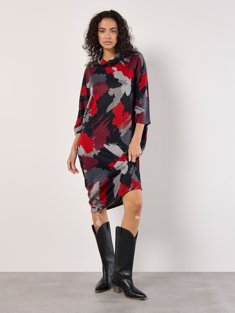 Apricot Red Paint Patches Cowl Neck Midi Dress - Image 1 of 5