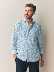 White/Blue Coral - Print 100% Linen Long Sleeve Smart Shirt - Imagem 1 de 8