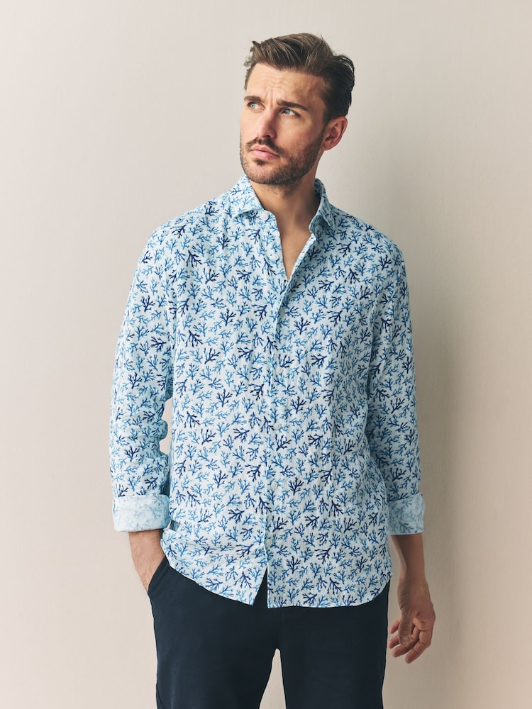 White/Blue Coral Regular Fit Print 100% Linen Long Sleeve Smart Shirt - Image 1 of 8 White/Blue Coral Regular Fit Print 100% Linen Long Sleeve Smart Shirt - Image 1 of 8