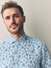 White/Blue Coral - Print 100% Linen Long Sleeve Smart Shirt - Imagem 4 de 8