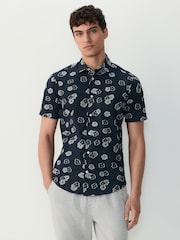 Navy Blue Floral Embroided Regular Fit Print Short Sleeve Shirt - Image 1 of 4