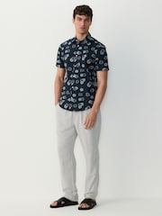 Navy Blue Floral Embroided Regular Fit Print Short Sleeve Shirt - Image 2 of 4