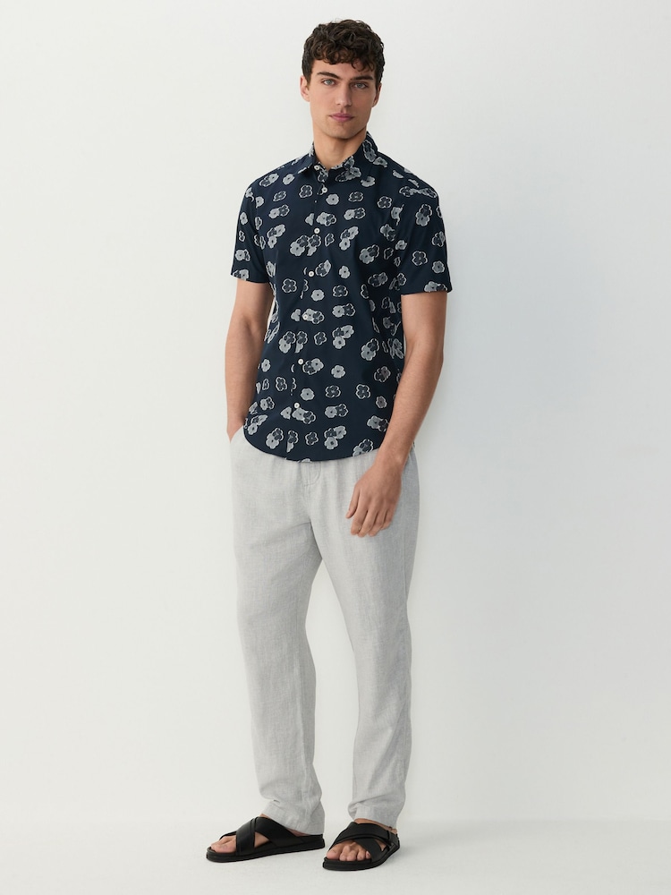 Navy Blue Floral Embroided Regular Fit Print Short Sleeve Shirt - Image 2 of 4