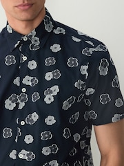 Navy Blue Floral Embroided Regular Fit Print Short Sleeve Shirt - Image 4 of 4