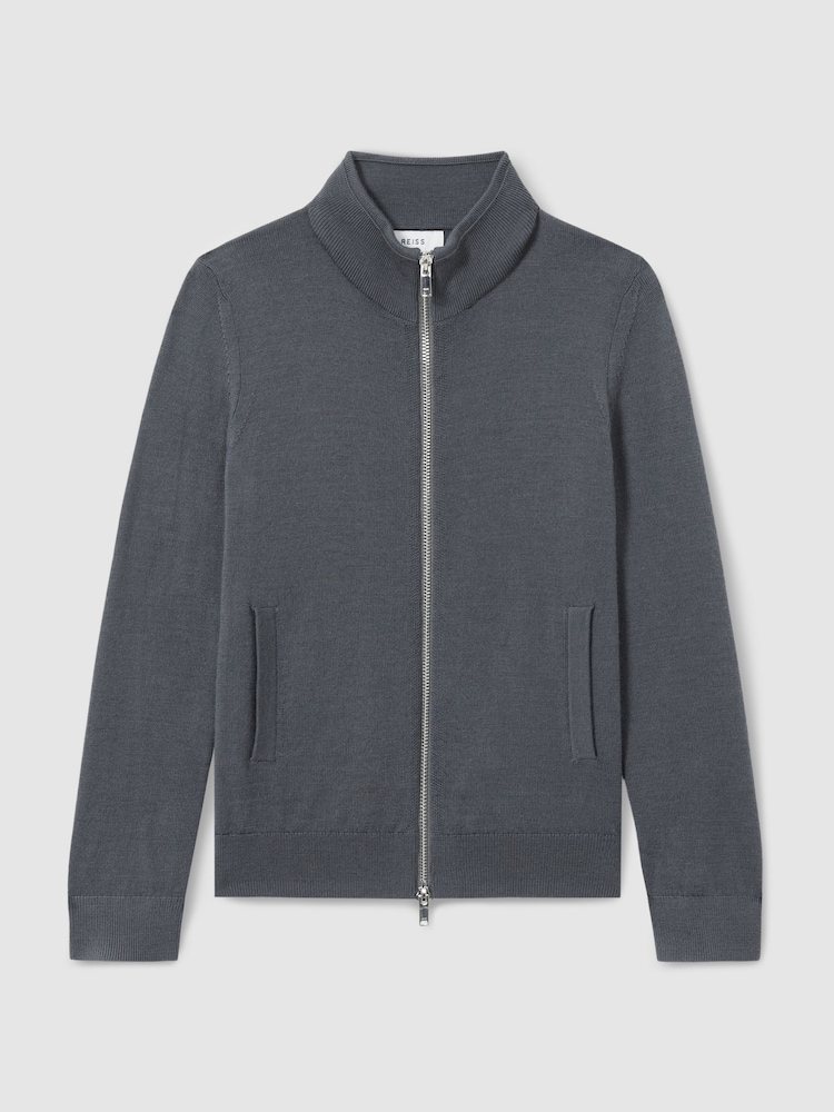 Reiss Blackened Blue Hampshire 3-9 yrs Merino Wool Zip-Through Funnel-Neck Cardigan - Image 2 of 4