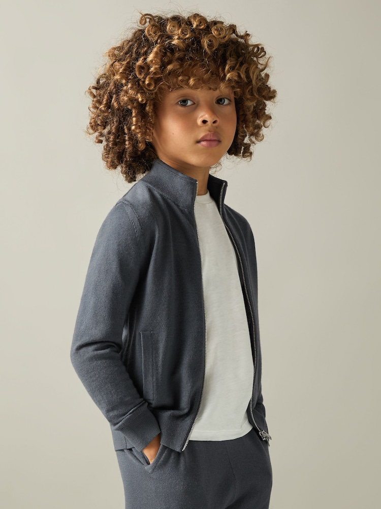 Reiss Blackened Blue Hampshire 9-13 yrs Merino Wool Zip-Through Funnel-Neck Cardigan - Image 1 of 4