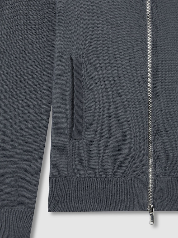 Reiss Blackened Blue Hampshire 13-14 yrs Merino Wool Zip-Through Funnel-Neck Cardigan - Image 4 of 4