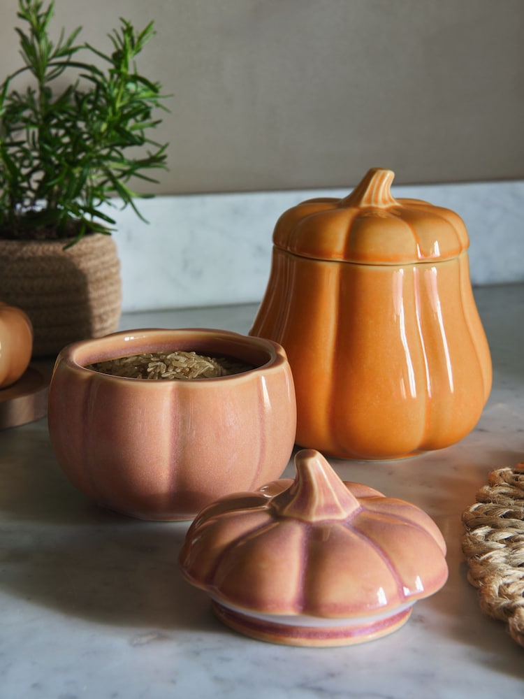 Set of 2 Orange/Pink Pumpkin Shaped Storage Jars - Image 1 of 4 Set of 2 Orange/Pink Pumpkin Shaped Storage Jars - Image 1 of 4