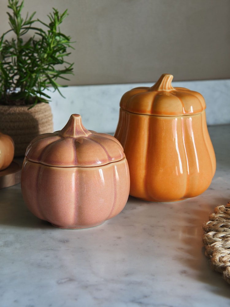 Set of 2 Orange/Pink Pumpkin Shaped Storage Jars - Image 2 of 4 Set of 2 Orange/Pink Pumpkin Shaped Storage Jars - Image 2 of 4