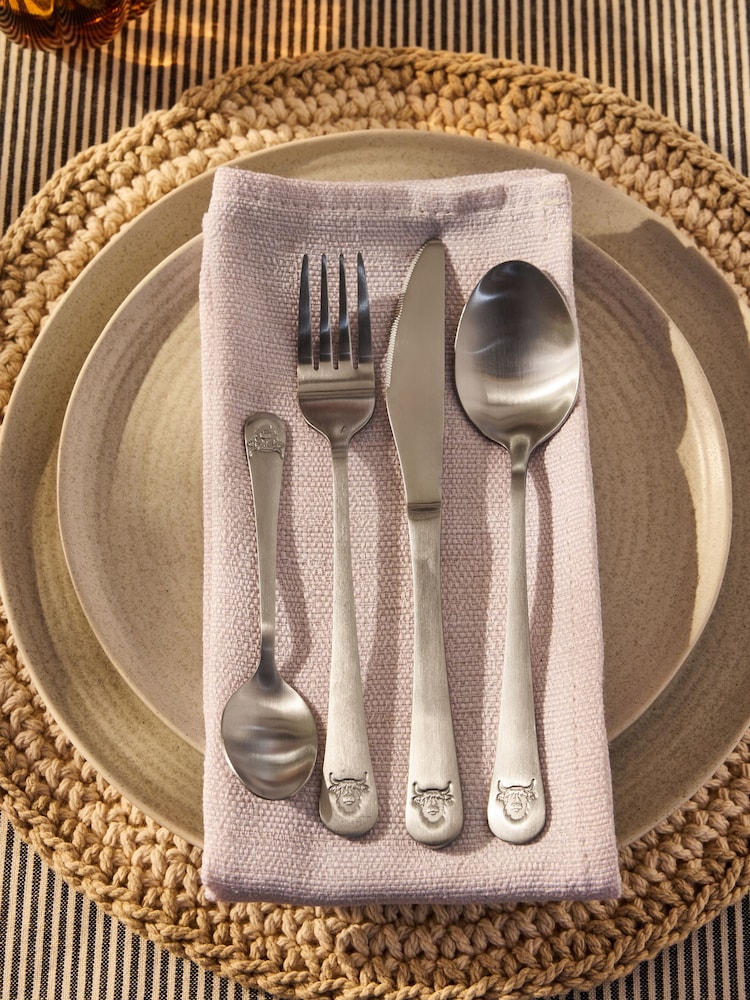 16 Piece Brushed Silver Hamish The Highland Cow Cutlery - Image 1 of 3