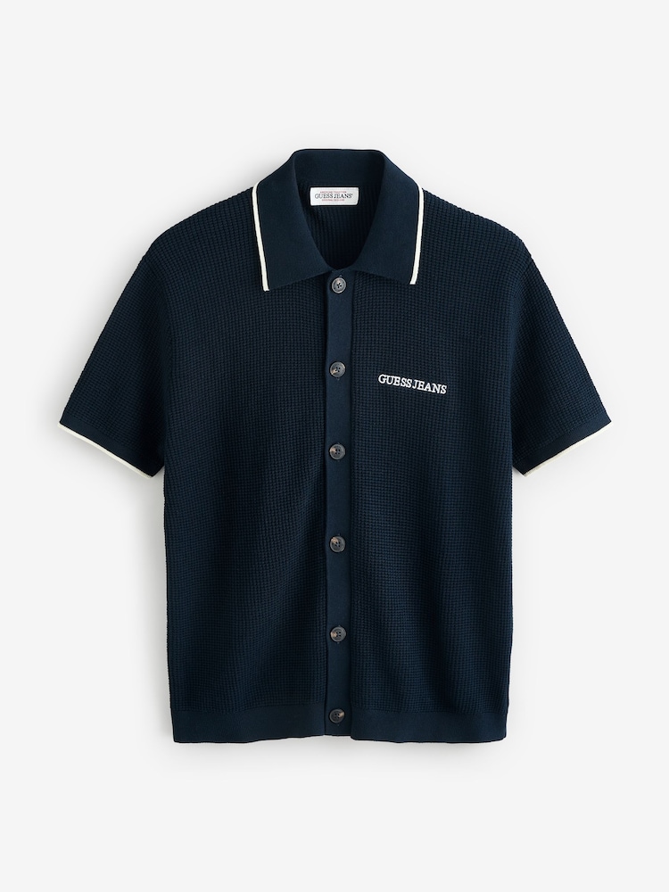 Guess Jeans Navy Embroidered Logo Short Sleeve Knit 100% Cotton Polo Shirt - Image 1 of 1