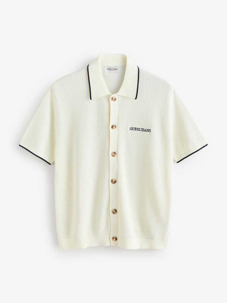 Guess Jeans Cream Embroidered Logo Short Sleeve Knit 100% Cotton Polo Shirt - Image 1 of 1