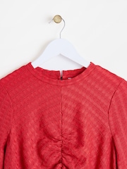 Oliver Bonas Red Textured Ruched Long Sleeve Top - Image 3 of 6