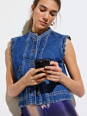 Oliver Bonas Blue Denim Scalloped Sleeveless Jacket - Image 1 of 8