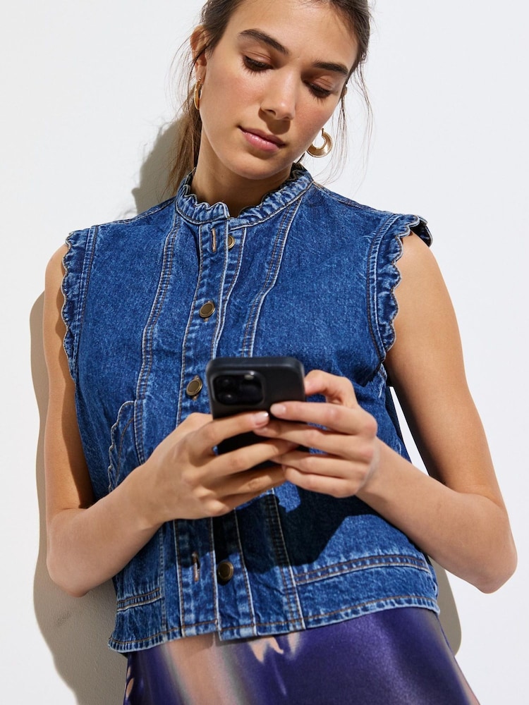 Oliver Bonas Blue Denim Scalloped Sleeveless Jacket - Image 1 of 8 Oliver Bonas Blue Denim Scalloped Sleeveless Jacket - Image 1 of 8