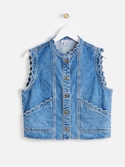 Oliver Bonas Blue Denim Scalloped Sleeveless Jacket - Image 3 of 8